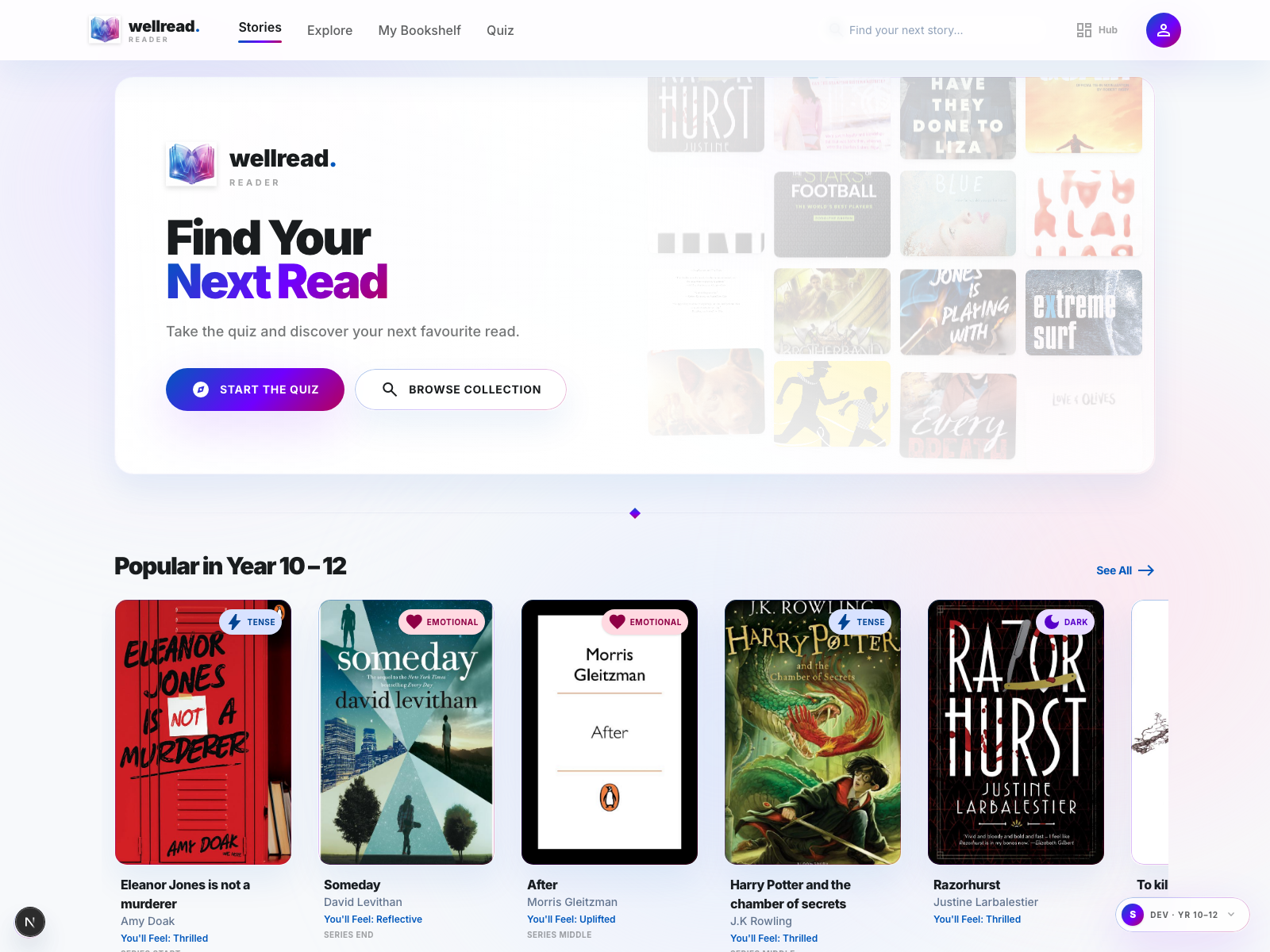 The WellRead student app, showing the "Find your next read" quiz hero and a populated Popular carousel.