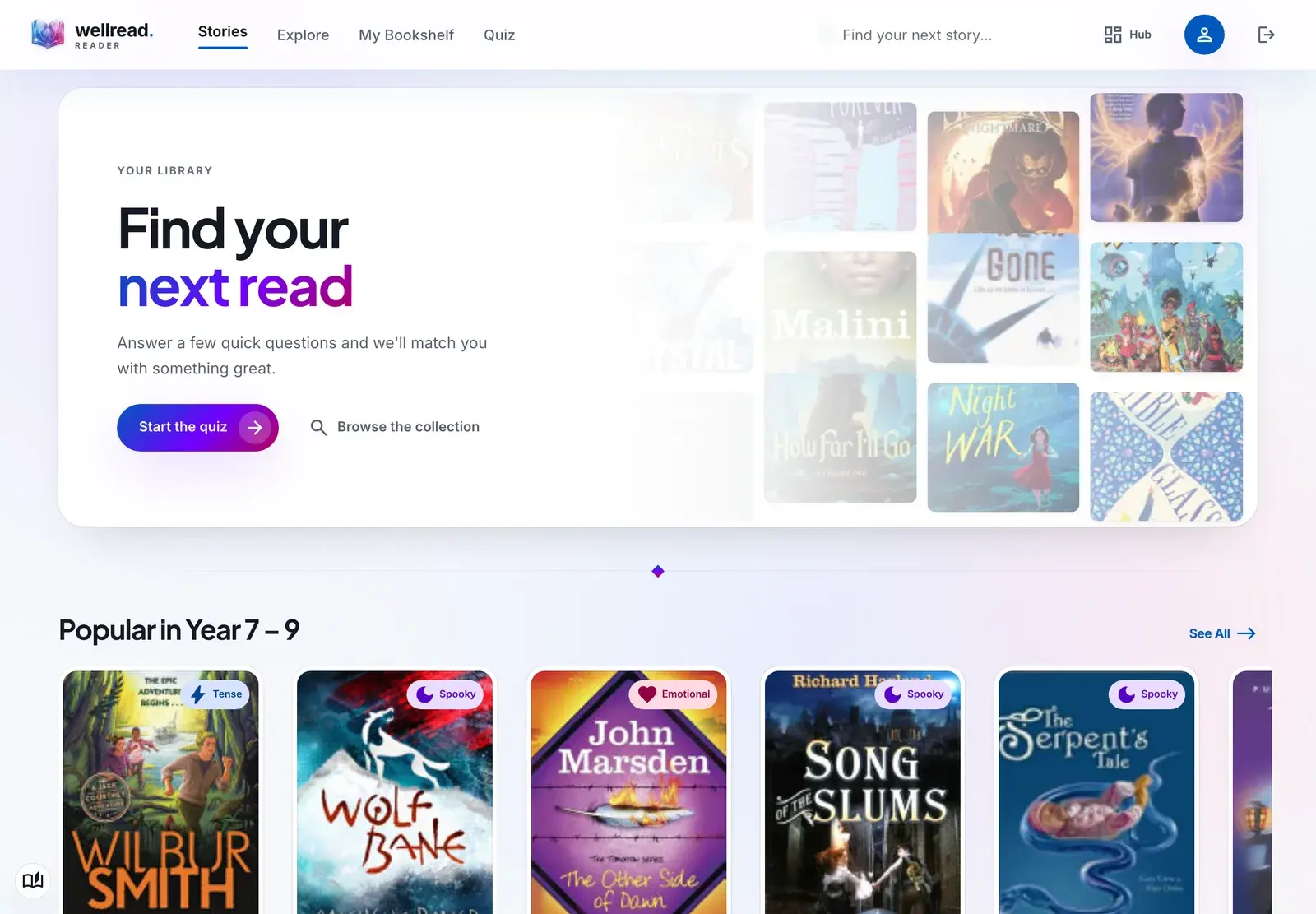 The WellRead student app, showing the "Find your next read" quiz hero and a populated Popular carousel.